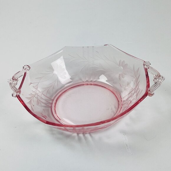 Pink Etched Glass Bowl With Handles Floral Design 10"x4" Elegant Vintage Style - Picture 1 of 5